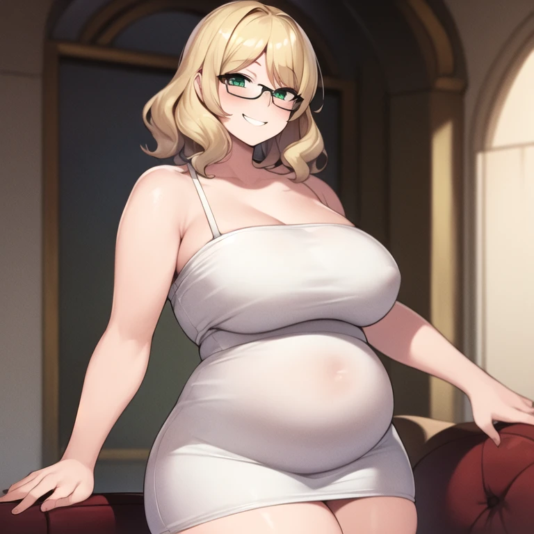 masterpiece, best quality, 1girl, solo, milf, large breasts, fat, large belly, thick thighs, wavy hair, very short hair, blonde hair, green eyes, round glasses, white dress, white dress, tube dress, blush, smirk, looking at viewer