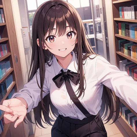 20 years old、Very tall、pretty、Long brown hair、Bangs that reach the eyebrows、White shirt、black tie、black trousers、library、First-person perspective、Smile