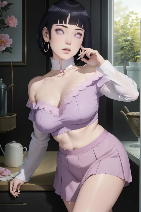 (masterpiece) (huge titusty, masterpiece, absurdres, hinata(boruto), 1girl, solo,mature female, off-shoulder bra, high waist short skirt, looking at viewelling petals), perfect composition, detailed lips, big breast, beautiful face, body propotion, blush, ...