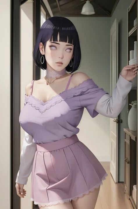 (masterpiece) (huge titusty, masterpiece, absurdres, hinata(boruto), 1girl, solo,mature female, off-shoulder bra, high waist short skirt, looking at viewelling petals), perfect composition, detailed lips, big breast, beautiful face, body propotion, blush, ...