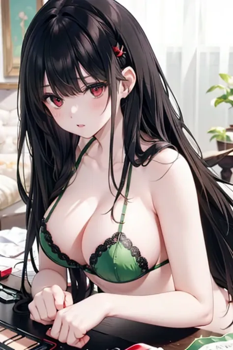 Black hair, red eyes, large breast, sexy, beautiful body, green underwear, green lingerie, green bra, bedroom, Masterpiece