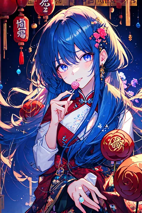 (17-year-old girl), (sharp eyes), solo, (perfect face), (detailed outfit), closed mouth, soft smile, (holding a candy:1.5), (lunar new year), blue hair, sidelocks, hair between the eyes, bangs, short hair, (neck-length hair), pink eyes, fair skin, medium b...