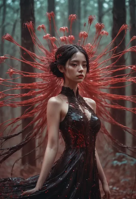 photo RAW, (Black and red : photo of a girl standing in the forest, theres blood raining, blood on the dress and her face, shiny aura, highly detailed, black prada vogue style dress, biomechanical details, red spider lilies all around, intricate motifs, or...