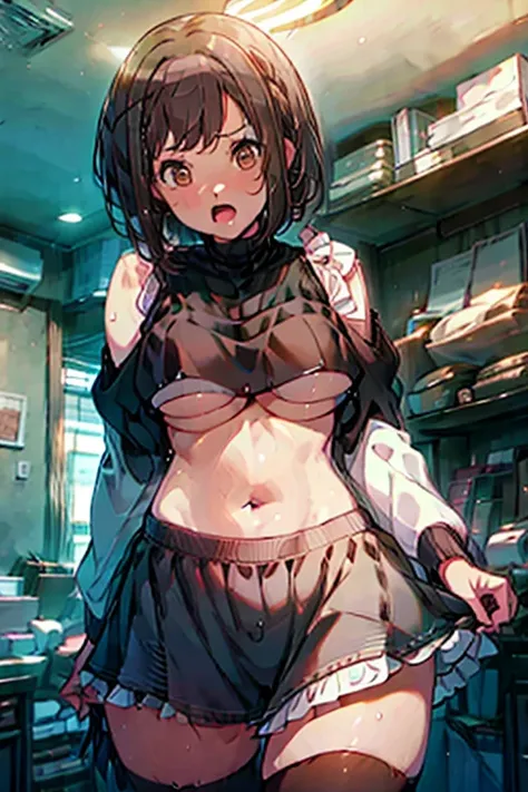 shinonome ena, 1 girl brown hair solo brown eyes, embarrassed, open mouth, perspired, underboob croptop, medium sized breasts, inverted nipples, black thigh highs, sweat, kupaa, looking at viewer, blushing, in a bedroom at night, bewitching thighs