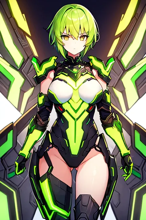 1girl, yellow eyes, green hair, serious, very short hair, medium breasts, machinery, neon trim, armor, shoulder armor, futuristic, neon, science-fiction, tech, adult, 1woman, woman, 