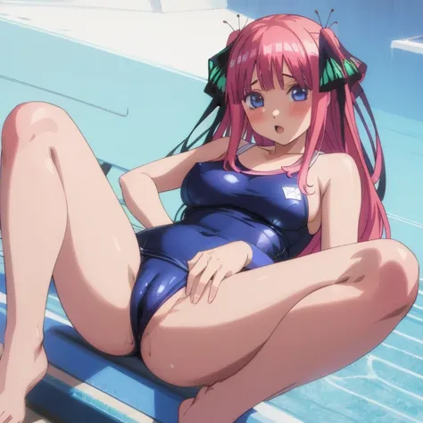 masterpiece, best quality, ultra detailed, best illustration, nsfw, 1girl, one-piece swimsuit, pussy, nakano nino, pink hair, butterfly hair ornament, おっぱい