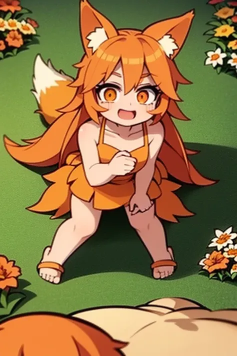 An orange haired girl with copper eyes and orange fox ears and an orange fox tail is playing with an orange haired boy with orange eyes and orange fox ears and an orange fox tail in  a field of flowers. 