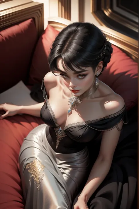 (Masterpiece - Ultra-Detailed, High Resolution) Prepare to be enchanted by a true masterpiece that combines ultra-detailed art with high-resolution rendering. This work shows a mesmerizing woman, with short, black hair, 1928s style,  Audrey Hepburn (1.3) a...