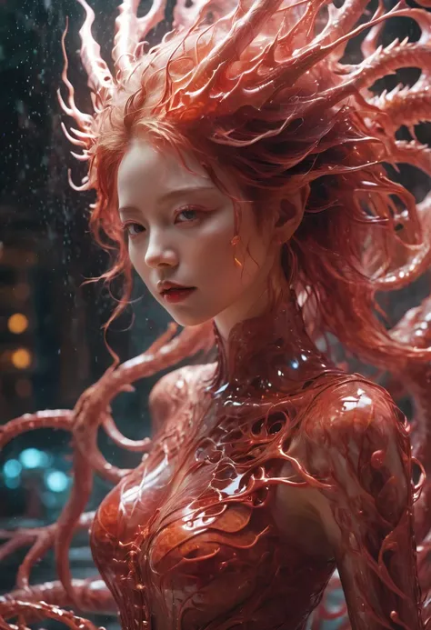 cinematic photo Hyperrealistic art RAW candid close up photo of girl who is covered clear depths clouded with swirling networks of crimson ais vessels an ethereal organism , holographic color, waterdrops, divine (dragon:2 girl:0.3, ginger:0.5 biomorph), gl...