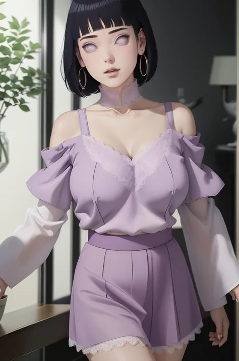 (masterpiece) (huge titusty, masterpiece, absurdres, hinata(boruto), 1girl, solo,mature female, off-shoulder bra, high waist short skirt, looking at viewelling petals), perfect composition, detailed lips, big breast, beautiful face, body propotion, blush, ...