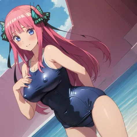 masterpiece, best quality, ultra detailed, best illustration, nsfw, 1girl, one-piece swimsuit, nakano nino, pink hair, butterfly hair ornament, おっぱい