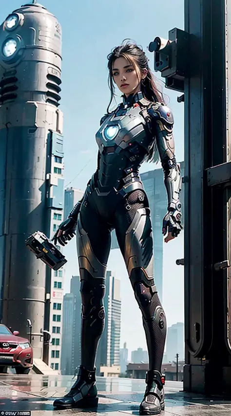 Realistic movie scene of a 20-year-old woman standing full body in a cyberpunk barren with stunning cloudscapes. (wearing an Iron Man mech) on her insanely complex anatomically adapted (graphene: 1.1) biomechanically symmetrical arms and biomechanically sy...