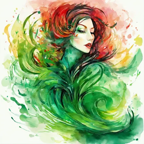 3d watercolor abstract,dark background,High resolution,high quality,colorful,green,red,green,((engulfed and engulfed and wide open:1.5)), (a woman), powerful