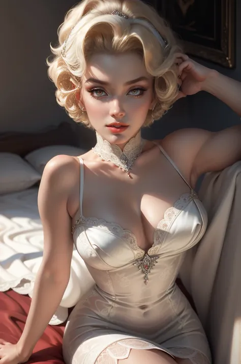 (Masterpiece - Ultra-Detailed, High Resolution) Prepare to be enchanted by a true masterpiece that combines ultra-detailed art with high-resolution rendering. This work shows a mesmerizing woman, with short, light blonde hair, 1950s style, Marilyn Monroe (...