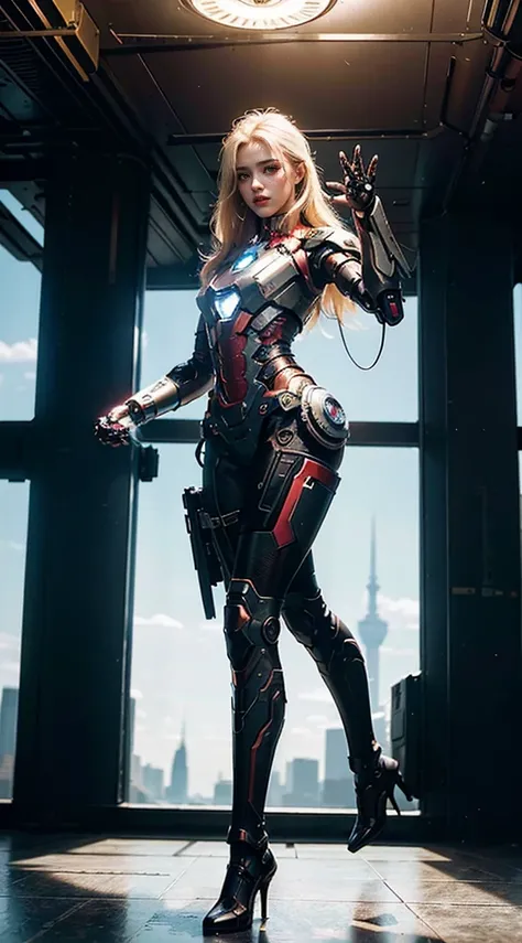 Realistic movie scene of a 20-year-old woman standing full body in a cyberpunk barren with stunning cloudscapes. (wearing an Iron Man mech) on her insanely complex anatomically adapted (graphene: 1.1) biomechanically symmetrical arms and biomechanically sy...