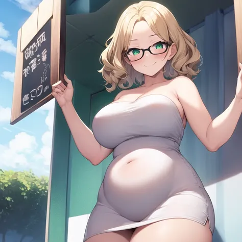 masterpiece, best quality, 1girl, solo, milf, forehead, large breasts, plump, large belly, thick thighs, wavy hair, very short hair, blonde hair, green eyes, round glasses, white dress, white dress, tube dress, strapless dress, blush, smirk, looking at vie...