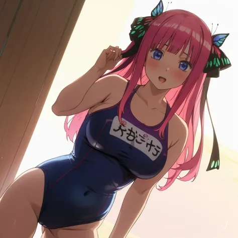 masterpiece, best quality, ultra detailed, best illustration, nsfw, 1girl, one-piece swimsuit, nakano nino, pink hair, butterfly hair ornament, おっぱい