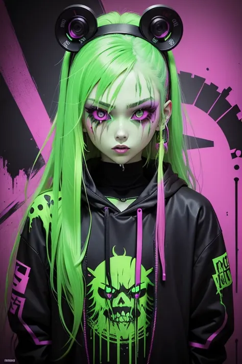 anime phonk horror album cover with neon green colors, long hair, graffiti, savage, rave makeup,