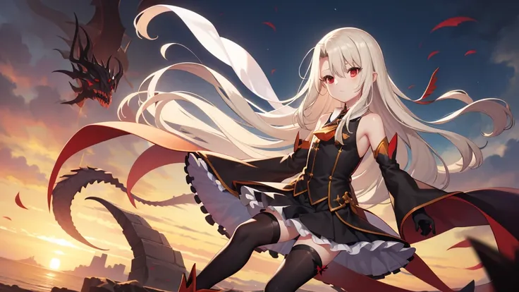 Illyasviel von Einzbern, blonde hair, hair between eyes, long hair, (red eyes:1.5),cool girl boots, Detached sleeves, black gloves，black skirt，Dark wind，final god，Shen Yuan, King of Desolation，The Elegy of the Devouring King，Final Dragon Guardian Spirit