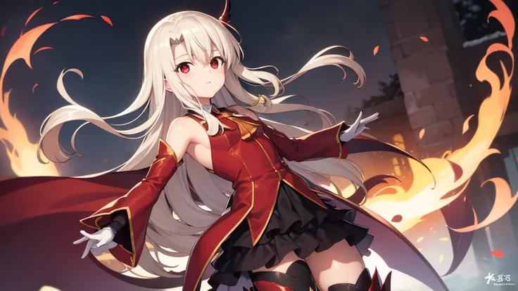 Illyasviel von Einzbern, blonde hair, hair between eyes, long hair, (red eyes:1.5),cool girl boots, Detached sleeves, black gloves，black skirt，Dark wind，Emberless Dragon King，Burn the world，Dark aura，Shengwei.Guyang Gongye