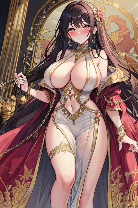 A woman with big ，clavicle，romantic long dress，Prominent and smooth underboob，exquisite，Intricate details，Complex textures，pubic，innominate bone，(blush:1.2)，leg rings，weak，