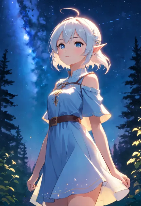 elf girl ,Pointy ears,((magical )),full body, full shot, white hair, looking at viewer, , dress royal blue , ((Gorgeous starry sky background)), forest background
