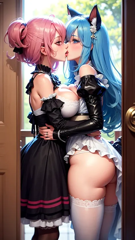 2 Beautiful girl, Pink and blue hair, kissing, French kiss, revealing maid costume, big breasts, big ass, Slim waist, disturbance, kitten ears, House, wooden