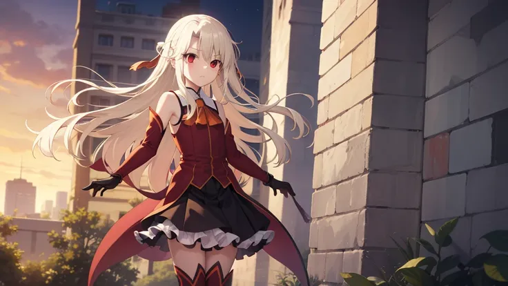 Illyasviel von Einzbern, blonde hair, hair between eyes, long hair, (red eyes:1.5),cool girl boots, Detached sleeves, black gloves，black skirt，Dark wind，God of hope，Intertwined with hope