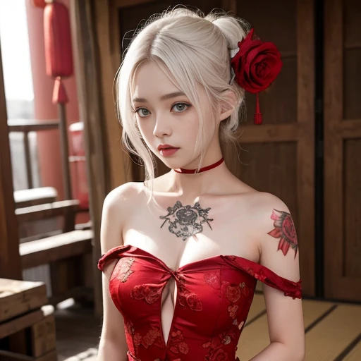 ,18 year old woman, Japan, bare shoulders, Torn fabric, Rose tattoo on large chest, white hair, new year china red dress, underwear, 