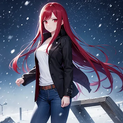 Erza Scarlet, black jacket, blue jeans , looking at veiw , snowing at night, half body