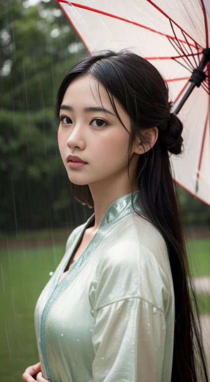 an asian girl in the rain, in the style of light silver and light red, fairycore, 32k uhd, exaggerated facial features, edmund leighton, low-angle, aurorapunk 