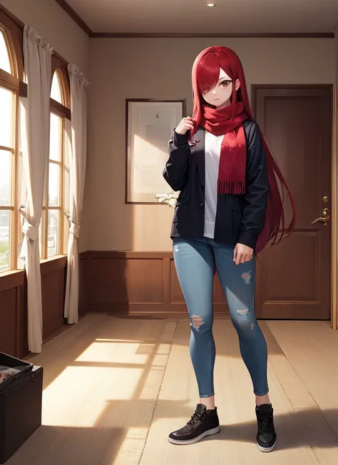 ((best quality)), ((highly detailed)), masterpiece, absurdres, (detailed eyes, deep eyes), (1girl), full body, erza_scarlet, scarlet hair, (very long hair), (brown eyes), tattoo, hair over one eye, scarf, (in an appartment, morning, sunrise) black jacket, ...