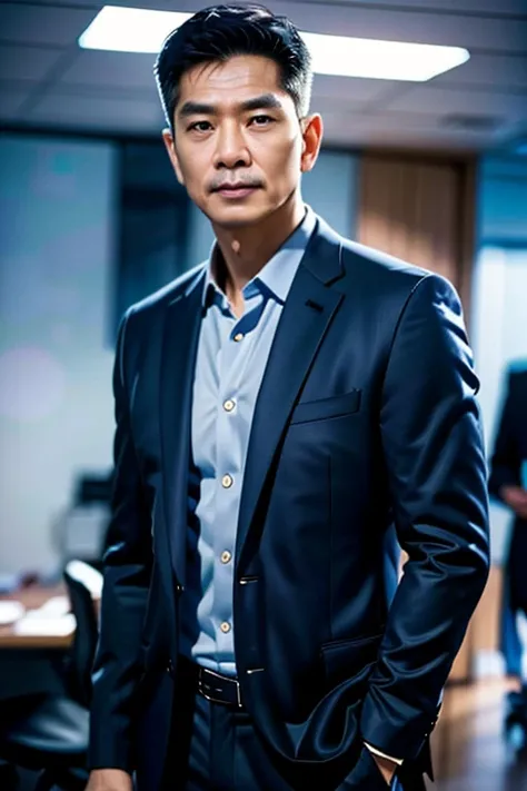 wide angle photography realistic, Thai man, 55 years old, wearing a suit, standing in the office, shot by Nikon-z9, (50mm lens, f/1.4, ISO 100), RAW photo), (photorealistic), (masterpiece), (intricate detailed), (best quality), (professional photography), ...