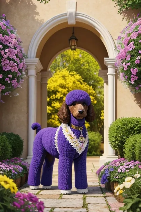 Large or small Poodle dog looking at the viewer coat color white or yellow or colored, the Poodle is at the center of an arch decorated with gaps and flowers of various colors and species, composing a realistic image of fantasy, mysteries and magical charm...