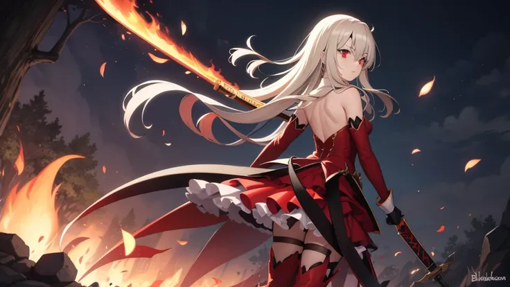 illyasviel von einzbern, blonde hair, hair between eyes, long hair, (red eyes:1.5),cool girl boots, detached sleeves, red gloves...