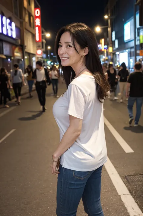 masterpiece, best quality, 16K, city, old woman, glad, smiling, standing, looking at viewer, front view, long hair, wave hair, black hair, eyes open, (large breasts:1.28), (wrinkles corners eyes:1.38), (nasolabial:1.38), (old skin:1.38), wrinkles skin, fre...