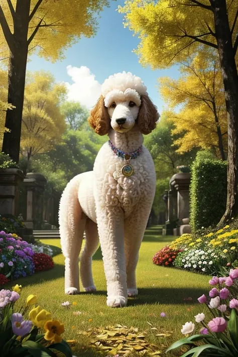 Half body photograph of a large or small Poodle dog looking at the viewer white or yellow or colored coat color, the Poodle is at the center of a handmade circle decorated with leaves and flowers of various colors and species, composing a realistic image o...