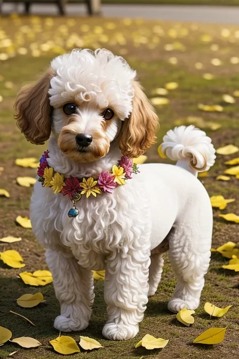 Photograph frontal view close to half of the body of a small Poodle dog looking at the viewer coat color white or yellow or colored, the Poodle is at the center of a handmade circle decorated with leaves and flowers of various colors and species, composing...