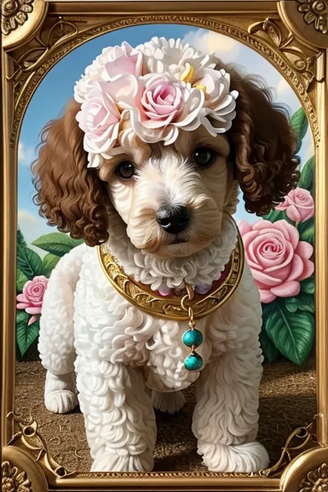 Poodle brincando com rosas dentro da boca, Photograph frontal view close to half of the body of a small Poodle dog looking at the viewer coat color white or yellow or colored, the Poodle is at the center of a handmade circle decorated with leaves and flowe...