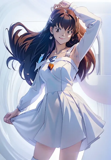 ((best quality)) ((90s anime)) 19 year old, redhead girl, alluring, armpit length hair (((relaxed happy face))) (( sexy princess dress)) (((lender build, (((white background)))