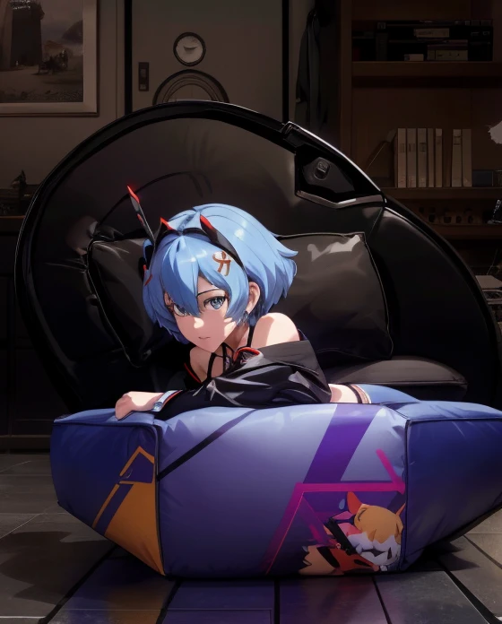 there is a stuffed animal con auriculares on sitting on a couch, anime peripheral, I will deny the matter, Rei Ayanami, con auriculares, con auriculares, ayanami, foto de perfil 1024px, Orejas de anime, 8k!, 4k!, de arknights, tiene auriculares, e-chica, a...