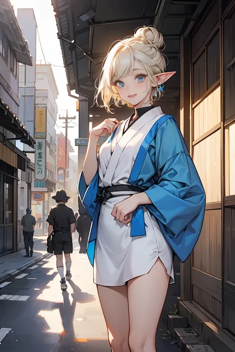 (1 elf girl), (beauty elf girl), (super high quality), masterpiece, casual scene, cowboy shot,relaxed atmosphere, Sounds like fun, She is wearing a trendy tech wear outfit, ((Japanese gal fashion,loose socks)), With comfortable sneakers, sun&#39;S line giv...