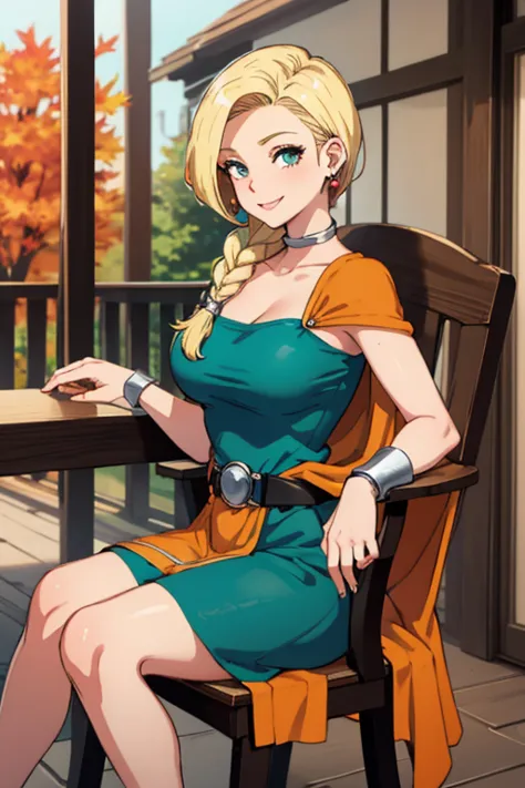 masterpiece, best quality, dqBianca, single braid, earrings, choker, orange cape, green dress, belt, looking at viewer, large breasts, sitting, chair, porch, autumn, smile 