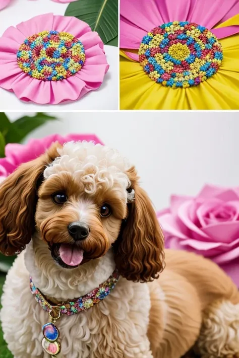  Photography from different angles, Dog looking in different directions, Moldura de Milhares de flores, dynamic photography, Close-up photo of a groomed Poodle with its mouth open and its tongue sticking out, brincando com rosas dentro da boca, Photograph ...