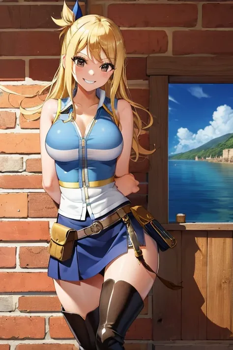 (masterpiece, best quality:1.2), solo, 1girl, lucy heartfilia, grin, looking at viewer, arms behind back, blue sleeveless shirt, miniskirt, belt pouch, thigh boots 、全身照