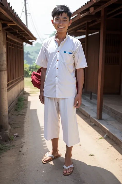 A Burmese Man wearing Myanmar white shirt(Tite-pone) , Longyi (pasoe) and slippers.He is standing and smiling.Wide Angle View with full body