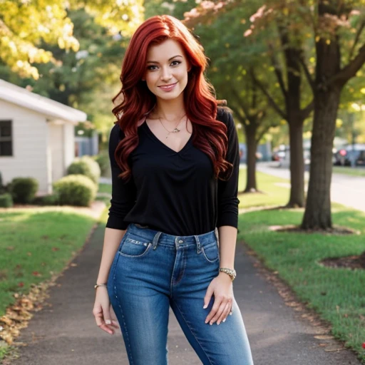 Hyper-realistic, highly detailed, Very cute female, bright red hair, green eyes, clothes black shirt, blue jeans, beautiful background. Smiling. 70mm lens