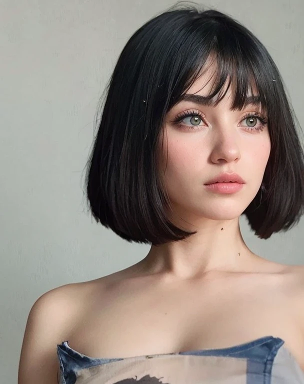 Mujer arafed con un vestido azul y un tatuaje en el pecho., Bob French, with short hair con flequillo, Bob French hair, 🤤 girl portrait, neat hair con flequillo, short brown hair con flequillo, Hyper-realistic art style, corte bob hair, short black hair co...