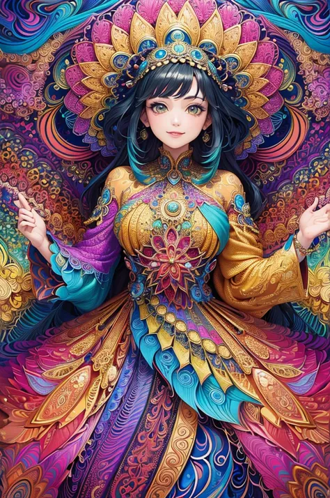 (masterpiece, top quality, best quality, official art, beautiful and aesthetic:1.2), (1girl:1.3), extremely detailed,(fractal art:1.2),colorful,highest detailed,(zentangle:1.2), (dynamic pose), (abstract background:1.5), (traditional dress:1.2), (shiny ski...