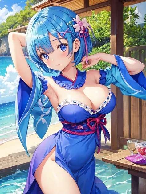 masterpiece, highest quality, Super detailed ,Rem,Re:zero,blue hair girl on the beach, cute face,cute,Charm女の子,short hair,  beautiful girl. detailed digital art, smooth CG art, kimono,Charm女の子, armpit, cute pose, beautiful breasts,big breasts,Charm,Ryukyu ...